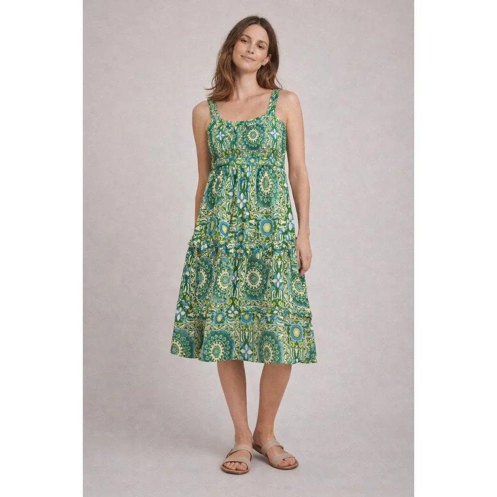 Anthropologie Tiered Midi Dress Womens Small Green Blue Medallion Ruffle Smocked